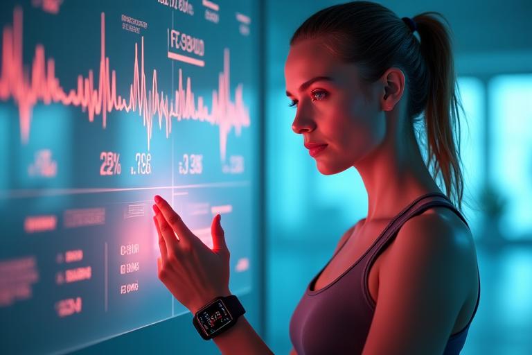 Žena v špičkovom fitness oblečení prezerajúca si grafy zdravotných dát na transparentnej obrazovke, ktorá symbolizuje modernú technológiu a precíznosť.
