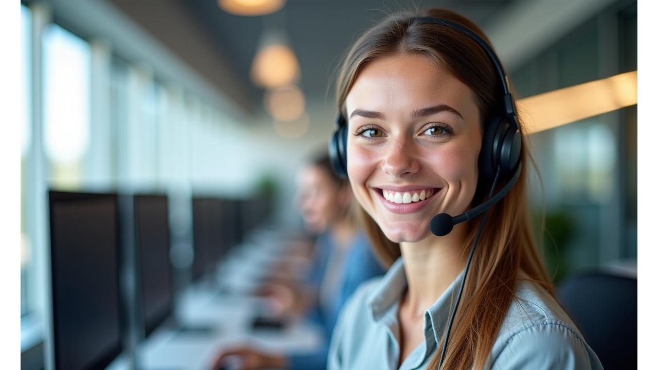 Žena v špecializovanom call centre sa usmieva a drží slúchadlá, symbolizujúc rýchlu a priateľskú online podporu HemaSpark.