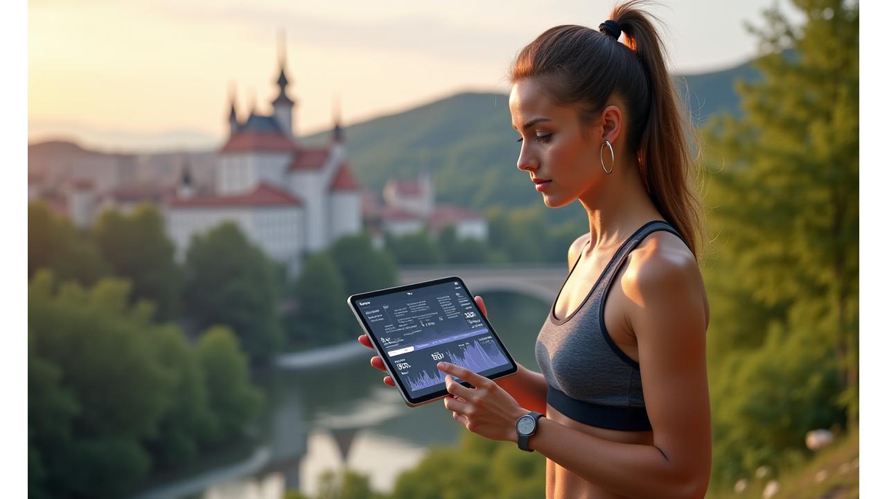 Žena v špičkovom fitness oblečení drží tablet s grafmi zdravia, v pozadí moderná architektúra Bratislavy a rozmazané zelené prírodné prostredie, symbolizujúce prepojenie AI s prírodou a lokálnym kontextom. Svetlé, svieže svetlo.