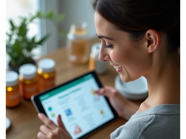 Žena vypĺňajúca online formulár s rôznymi výživovými doplnkami v pozadí, symbolizujúca personalizované hodnotenie.