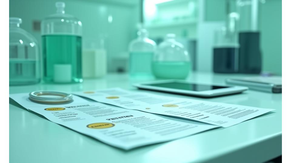 Certifikáty kvality a laboratórne vybavenie, symbolizujúce prísne testovanie a štandardy.