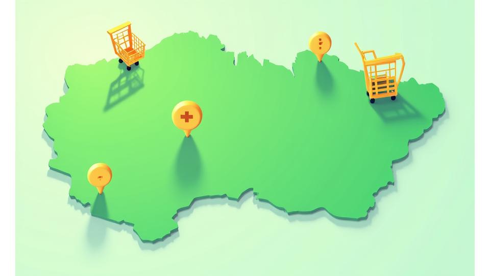 Mapa Slovenska s ikonami nákupného košíka a lekární, znázorňujúca dostupnosť produktov.