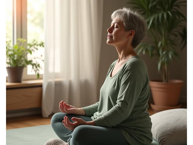 Pokojná žena cvičiaca meditáciu alebo dýchanie, symbolizujúca duševnú pohodu a relaxáciu.